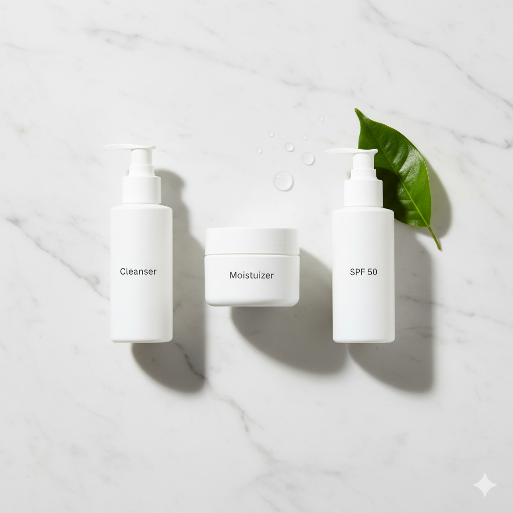 The three most essential skincare products for beginners: face wash, moisturizer, and sunscreen.